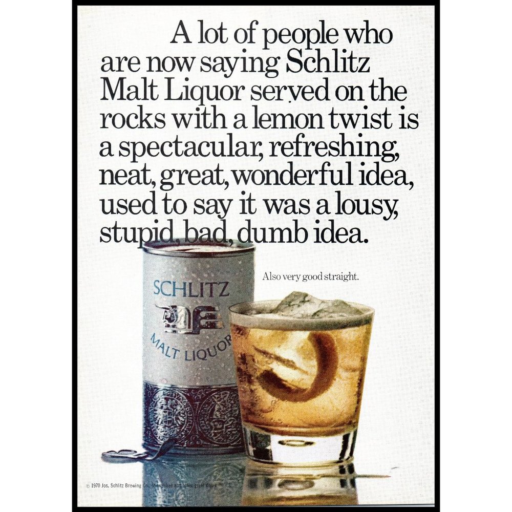 1970 Schlitz Malt Liquor Vintage Print Ad On the Rocks Bar Wall Art Man Cave
